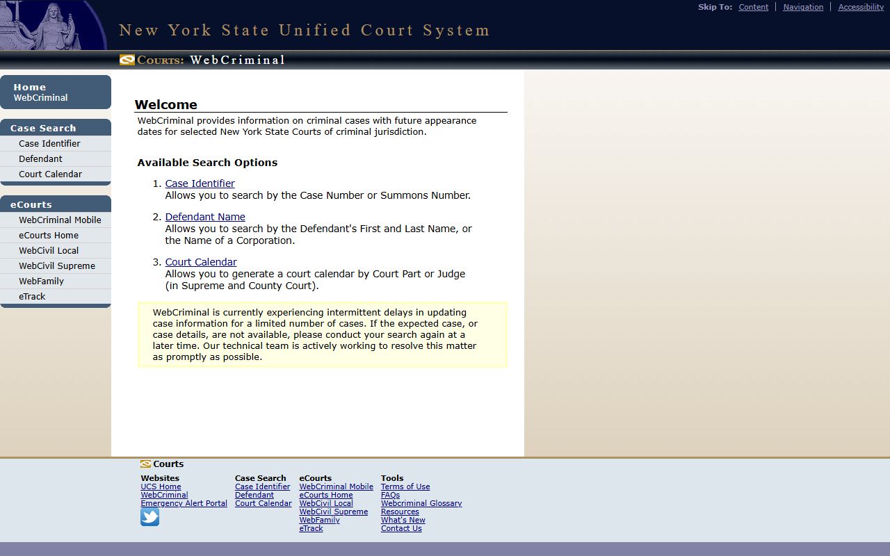 New York WebCriminal portal with criminal case search tabs