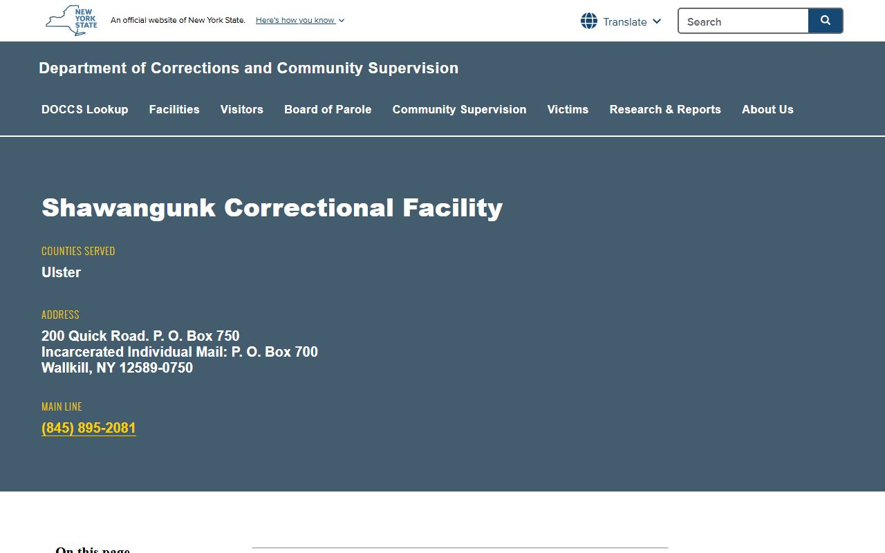 Shawangunk Correctional Facility DOCCS inmate records and visiting information