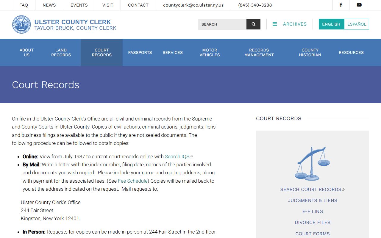 Ulster County Clerk court records page with online mail in-person and phone copy routes