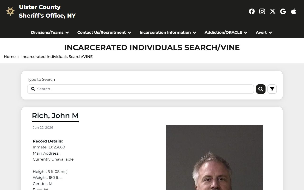 Ulster County inmate population roster search with booking photo cards